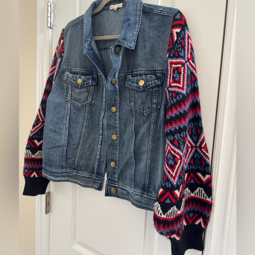 Stevie Hender Mixed Media Denim Jacket L Knit Balloon Sleeves Western Aztec Boho - Picture 6 of 10